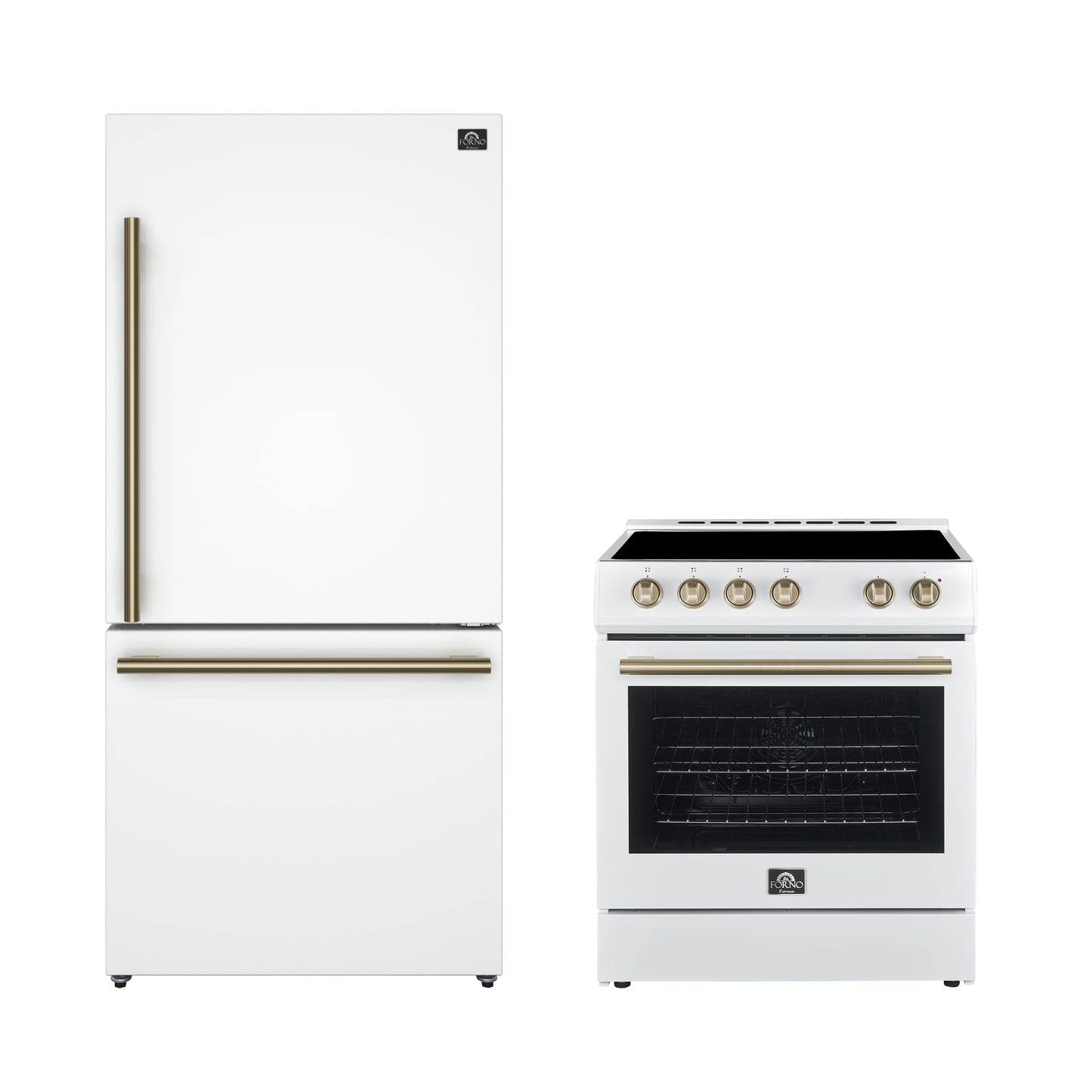 FORNO Premium 2-Piece Kitchen Bundle - Leonardo Espresso 30" White Range, 31" White Bottom Freezer Refrigerator - FBDL-003-03CA