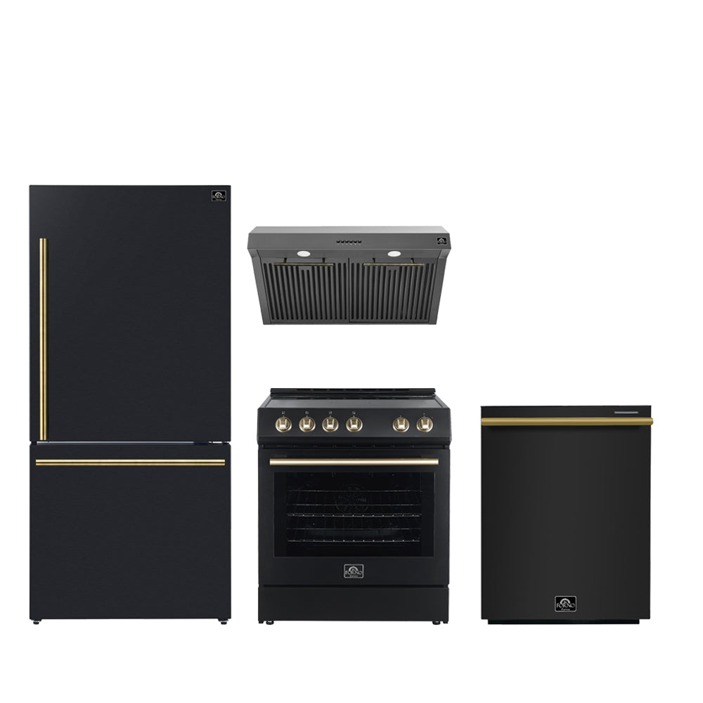 FORNO Premium 4-Piece Kitchen Bundle - Leonardo Espresso 30" Black Range, 30" Black Range Hood, 31" Black Bottom Freezer Refrigerator, 24" Black Built-In Dishwasher - FBDL-006-02CA