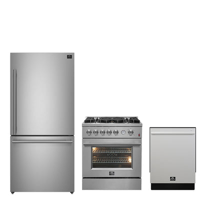 FORNO Premium 3-Piece Kitchen Bundle - 30" Gas Range, Bottom Freezer Refrigerator, Built-In Dishwasher, Stainless Steel - FBDL-012-01CAUS