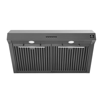 FORNO Premium 4-Piece Kitchen Bundle - Leonardo Espresso 30" Black Range, 30" Black Range Hood, 31" Black Bottom Freezer Refrigerator, 24" Black Built-In Dishwasher - FBDL-006-02CA