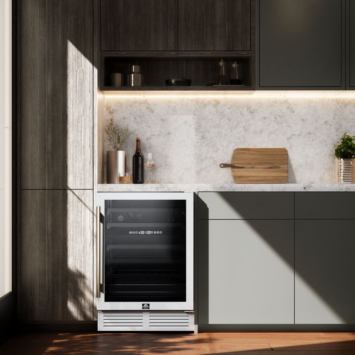 Forno Bacchino 24 Inch Wine Cooler, White with Antique Brass Handles, with LED Lighting, Triple Glass Door, 51 Bottle Capacity, Built-In or Freestanding