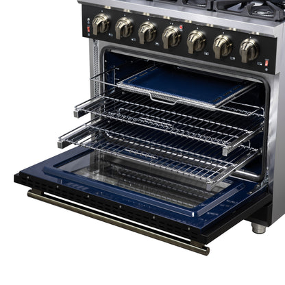 Forno Massimo 36-Inch Black Freestanding Gas Range, 6 Sealed Burners, Convection Oven, Energy Efficient