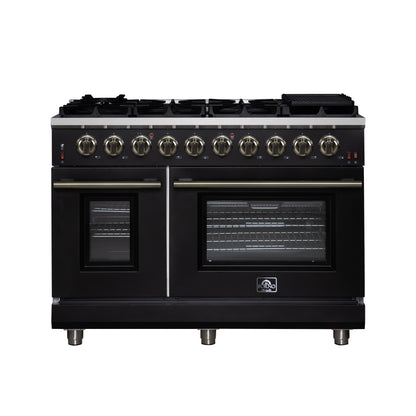 Forno Massimo 48-Inch Black Freestanding Gas Range, 8 Burners, True Convection Oven