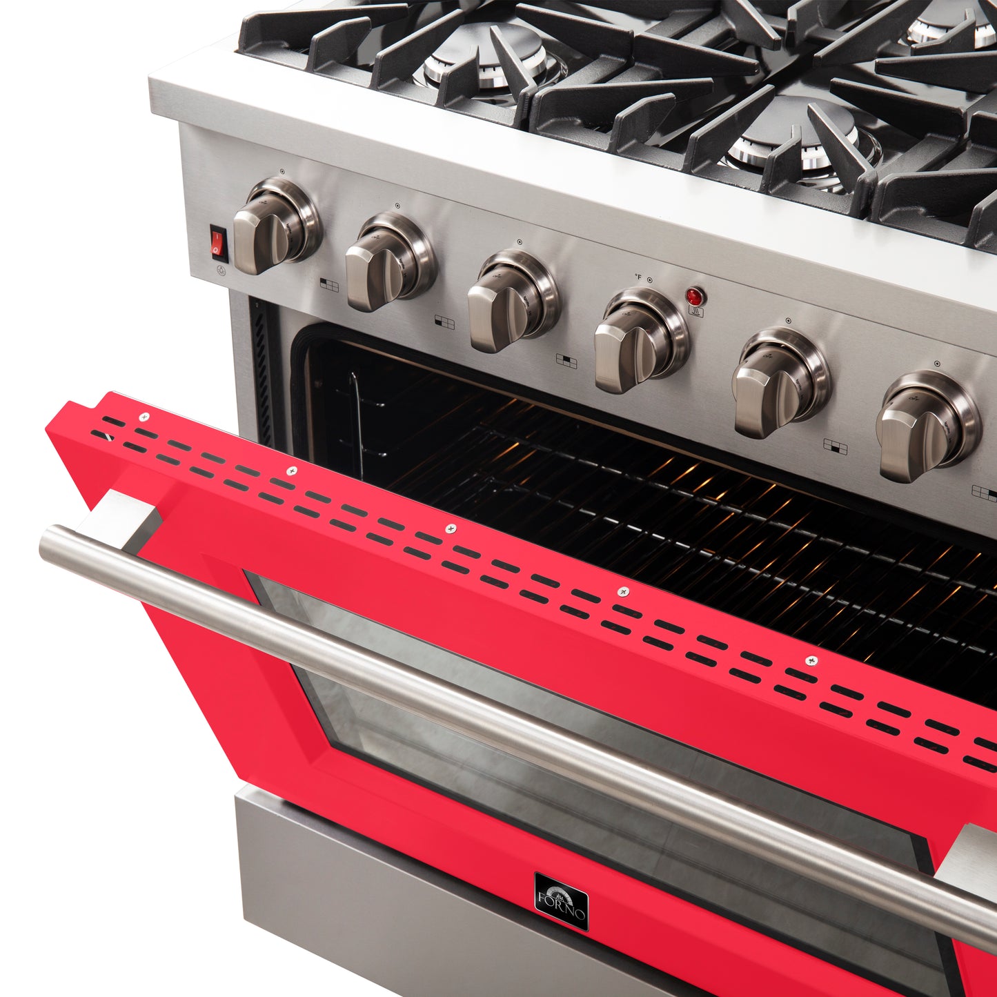 Forno Galiano 36-Inch Freestanding Gas Range, Stainless Steel, 6 Burners, Energy Efficient, Red Door