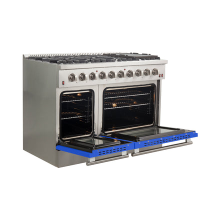 Forno Galiano 48-Inch Freestanding Gas Range, Stainless Steel, 8 Burners, 107,000 BTU, Griddle, Double Ovens, Energy Efficient, Blue Doors