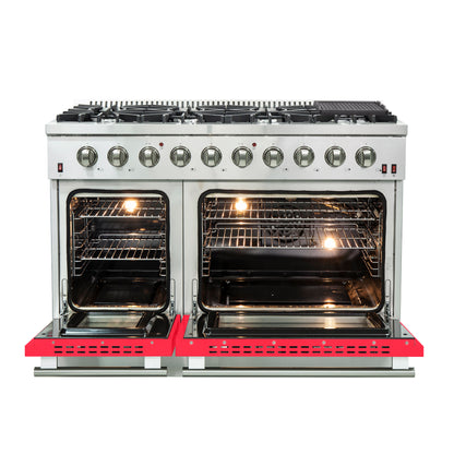 Forno Galiano 48-Inch Freestanding Gas Range, Stainless Steel, 8 Burners, 107,000 BTU, Griddle, Double Ovens, Energy Efficient, Red Doors