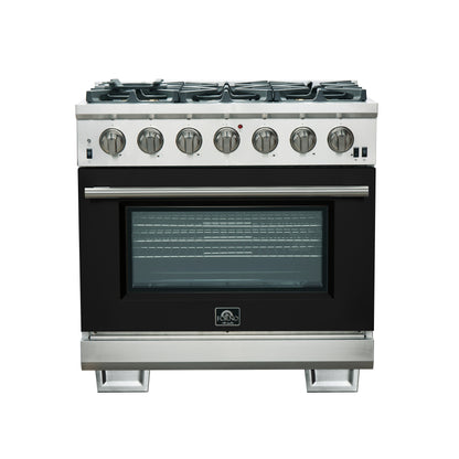 Forno Capriasca 36-Inch Gas Range, Stainless Steel, 6 Brass Burners, 120,000 BTU, Convection Oven, Energy Efficient, Black door