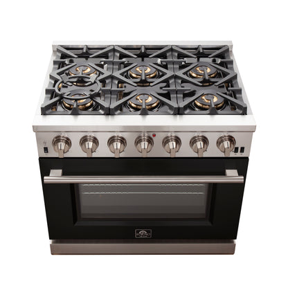 Forno Capriasca 36-Inch Gas Range, Stainless Steel, 6 Brass Burners, 120,000 BTU, Convection Oven, Energy Efficient, Black door