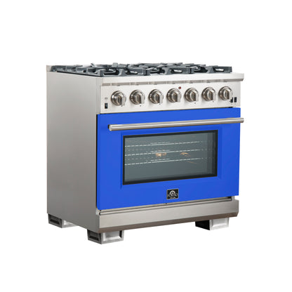Forno Capriasca 36-Inch Gas Range, Stainless Steel, 6 Brass Burners, 120,000 BTU, Convection Oven, Energy Efficient, Blue Door