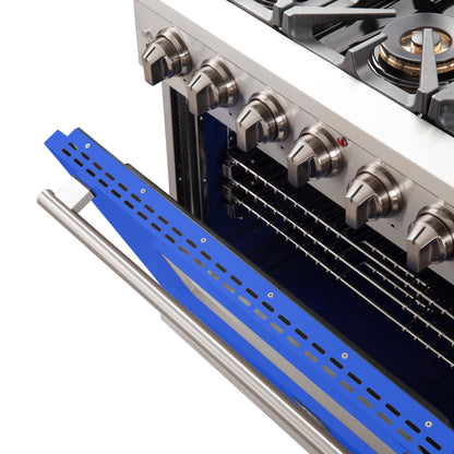 Forno Capriasca 36-Inch Gas Range, Stainless Steel, 6 Brass Burners, 120,000 BTU, Convection Oven, Energy Efficient, Blue Door