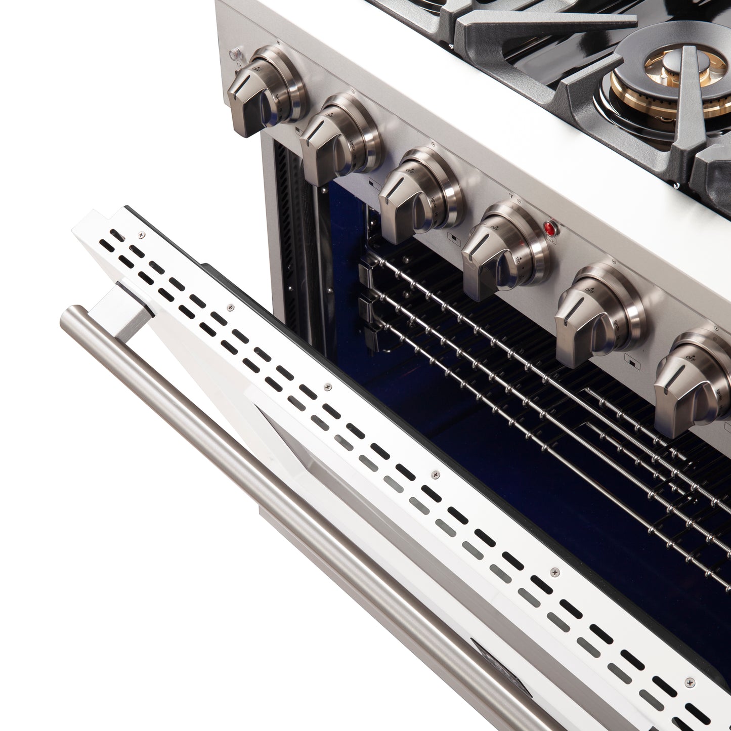 Forno Capriasca 36-Inch Gas Range, Stainless Steel, 6 Brass Burners, 120,000 BTU, Convection Oven, Energy Efficient, White Door