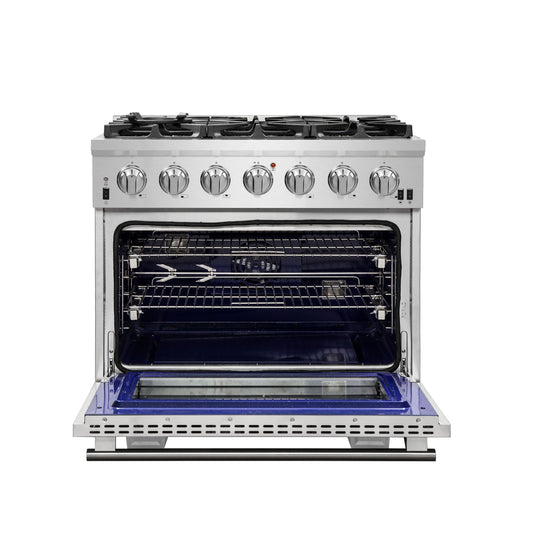 Forno Capriasca 36-Inch Gas Range, Stainless Steel, 6 Brass Burners, 120,000 BTU, Convection Oven, Energy Efficient