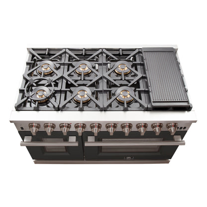 FORNO Capriasca 48-inch Gas Range Stainless Steel, 8 Brass Burners 160,000 BTU, 6.58 cu.ft. Double Oven, Black Doors