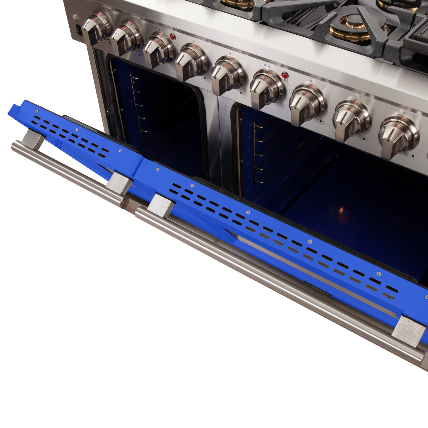 FORNO Capriasca 48-inch Gas Range Stainless Steel, 8 Brass Burners 160,000 BTU, 6.58 cu.ft. Double Oven, Blue Doors