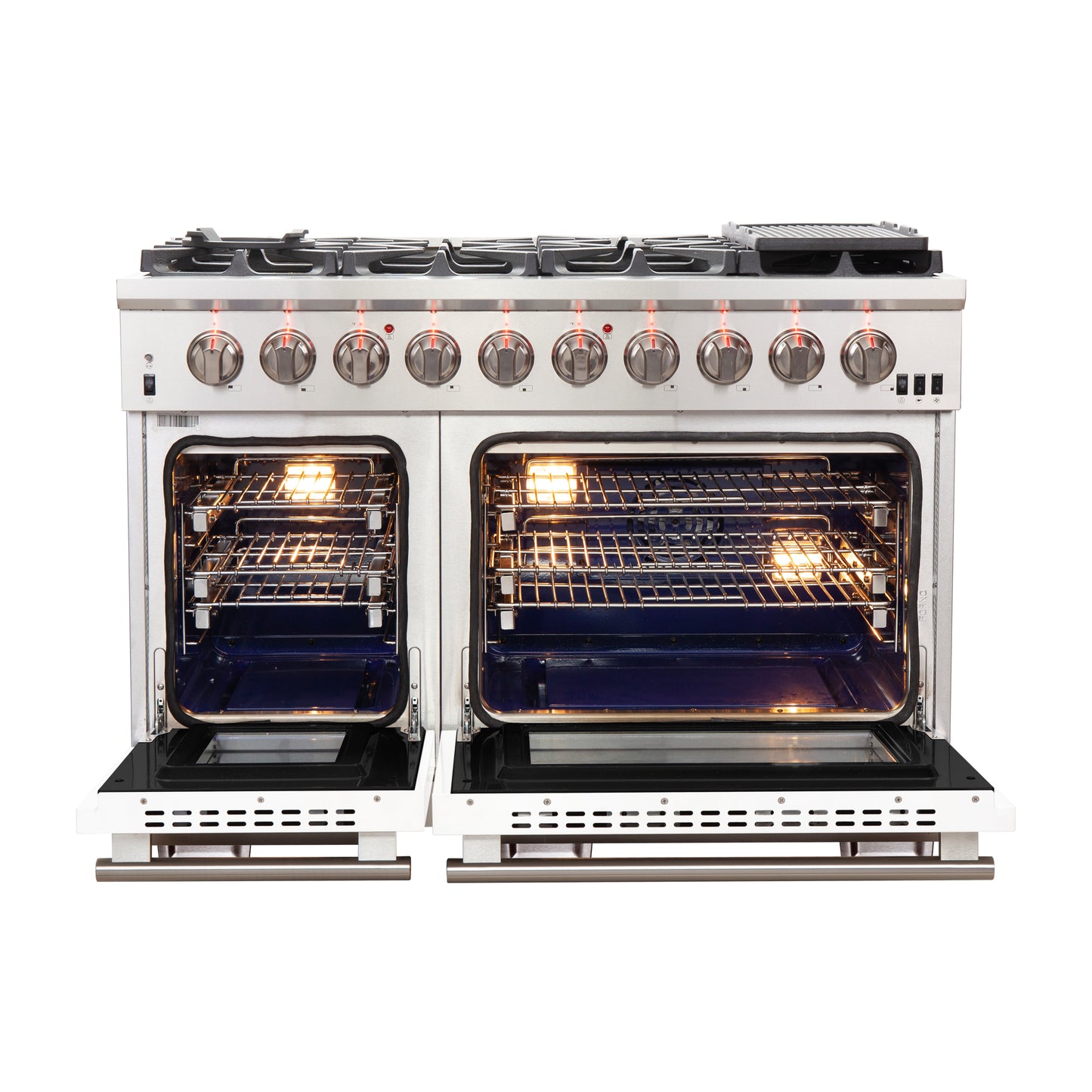 FORNO Capriasca 48-inch Gas Range Stainless Steel, 8 Brass Burners 160,000 BTU, 6.58 cu.ft. Double Oven, White Doors