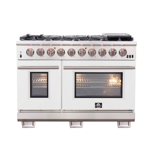 FORNO Capriasca 48-inch Gas Range Stainless Steel, 8 Brass Burners 160,000 BTU, 6.58 cu.ft. Double Oven, White Doors