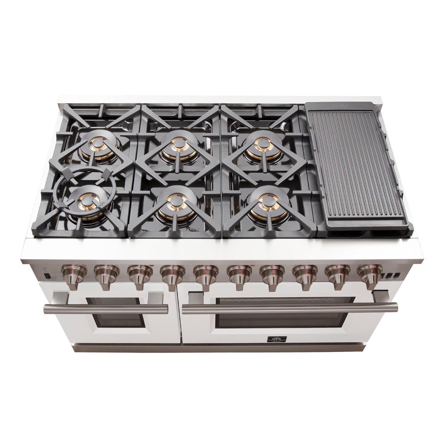 FORNO Capriasca 48-inch Gas Range Stainless Steel, 8 Brass Burners 160,000 BTU, 6.58 cu.ft. Double Oven, White Doors