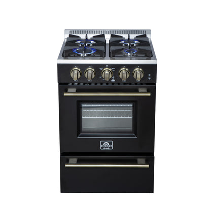 Forno Breno 24 Inch Freestanding Gas Range in Black with Antique Brass, Plug Included, Energy Efficient