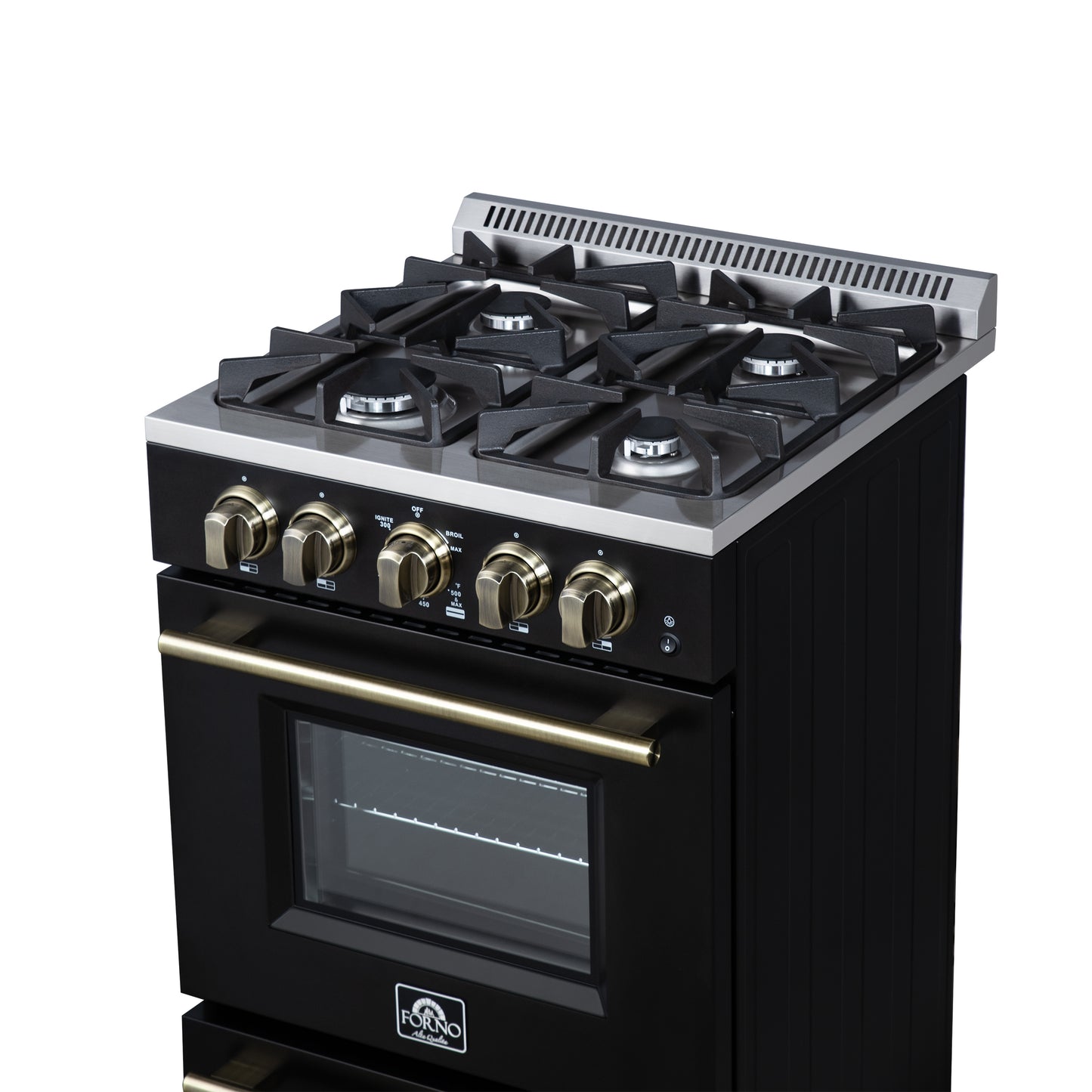 Forno Breno 24 Inch Freestanding Gas Range in Black with Antique Brass, Plug Included, Energy Efficient