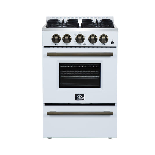 Forno Breno 24 Inch Freestanding Gas Range in White with Antique Brass, Plug Included, Energy Efficient