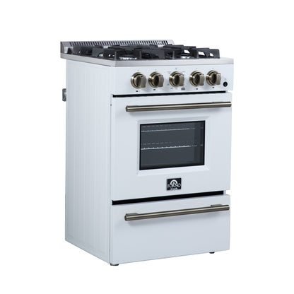 Forno Breno 24 Inch Freestanding Gas Range in White with Antique Brass, Plug Included, Energy Efficient