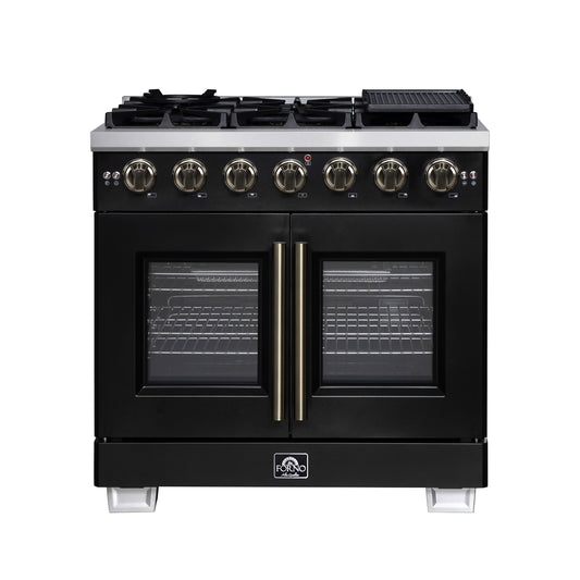 Forno Capriasca 36-Inch Black Freestanding French Door Gas Range, 6 Burners, Convection Oven, Energy Efficient