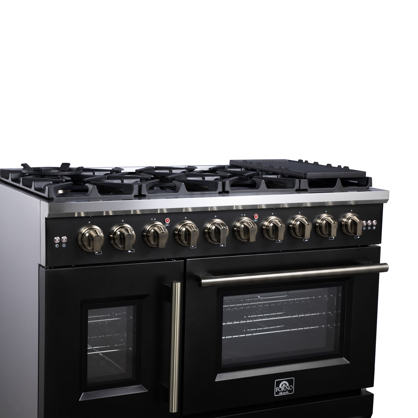 Forno Capriasca 48-Inch Black Freestanding French Door Gas Range, 8 Burners, Convection Oven, Energy Efficient