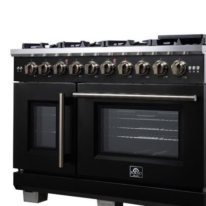 Forno Capriasca 48-Inch Black Freestanding French Door Gas Range, 8 Burners, Convection Oven, Energy Efficient
