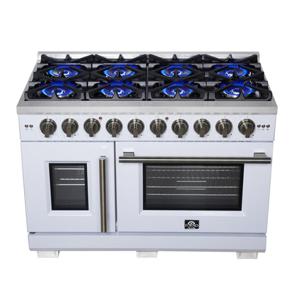 Forno Capriasca 48-Inch White Freestanding French Door Gas Range, 8 Burners, Convection Oven, Energy Efficient