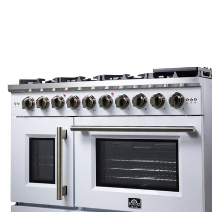 Forno Capriasca 48-Inch White Freestanding French Door Gas Range, 8 Burners, Convection Oven, Energy Efficient