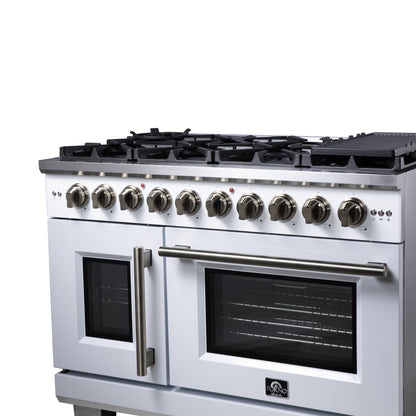 Forno Capriasca 48-Inch White Freestanding French Door Gas Range, 8 Burners, Convection Oven, Energy Efficient