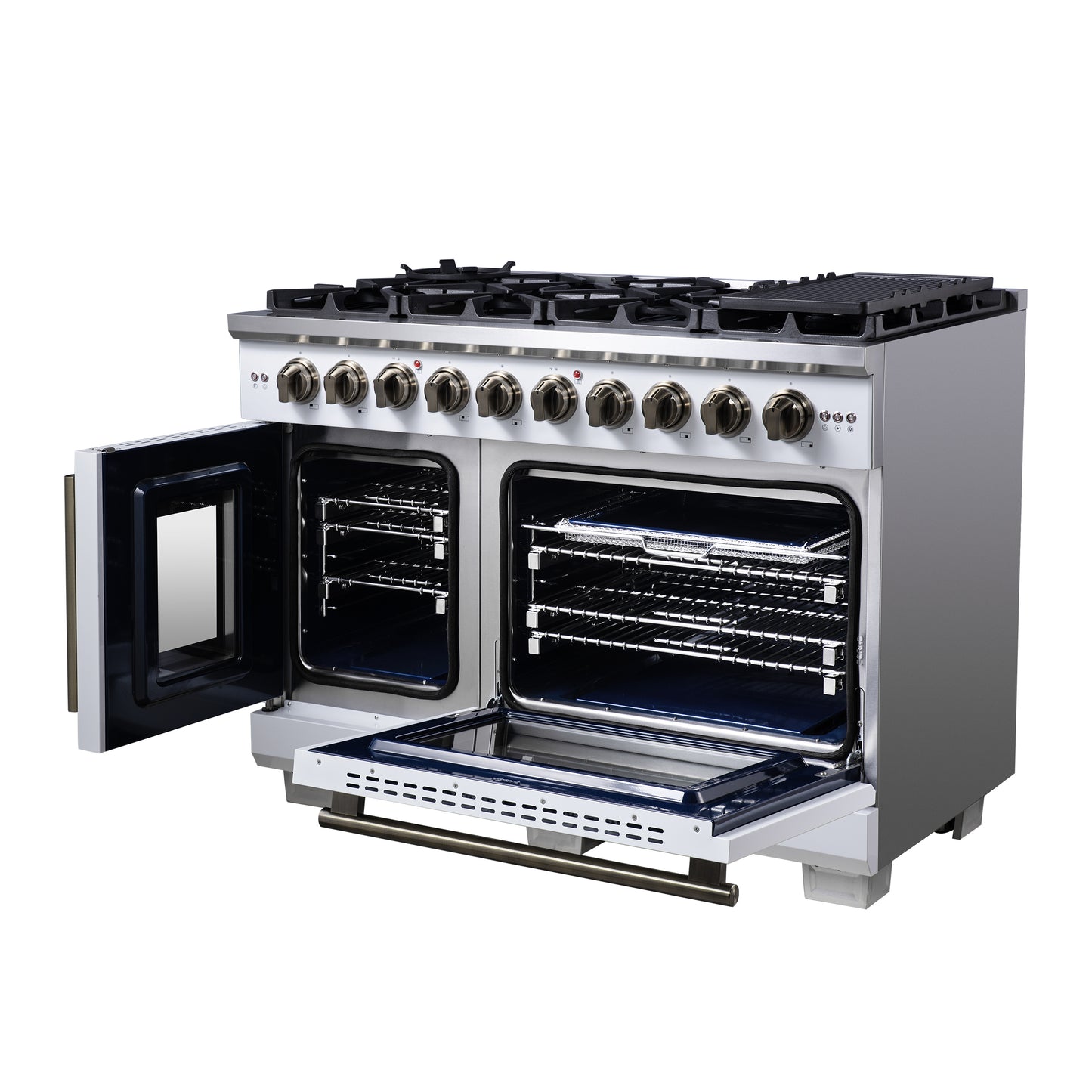 Forno Capriasca 48-Inch White Freestanding French Door Gas Range, 8 Burners, Convection Oven, Energy Efficient