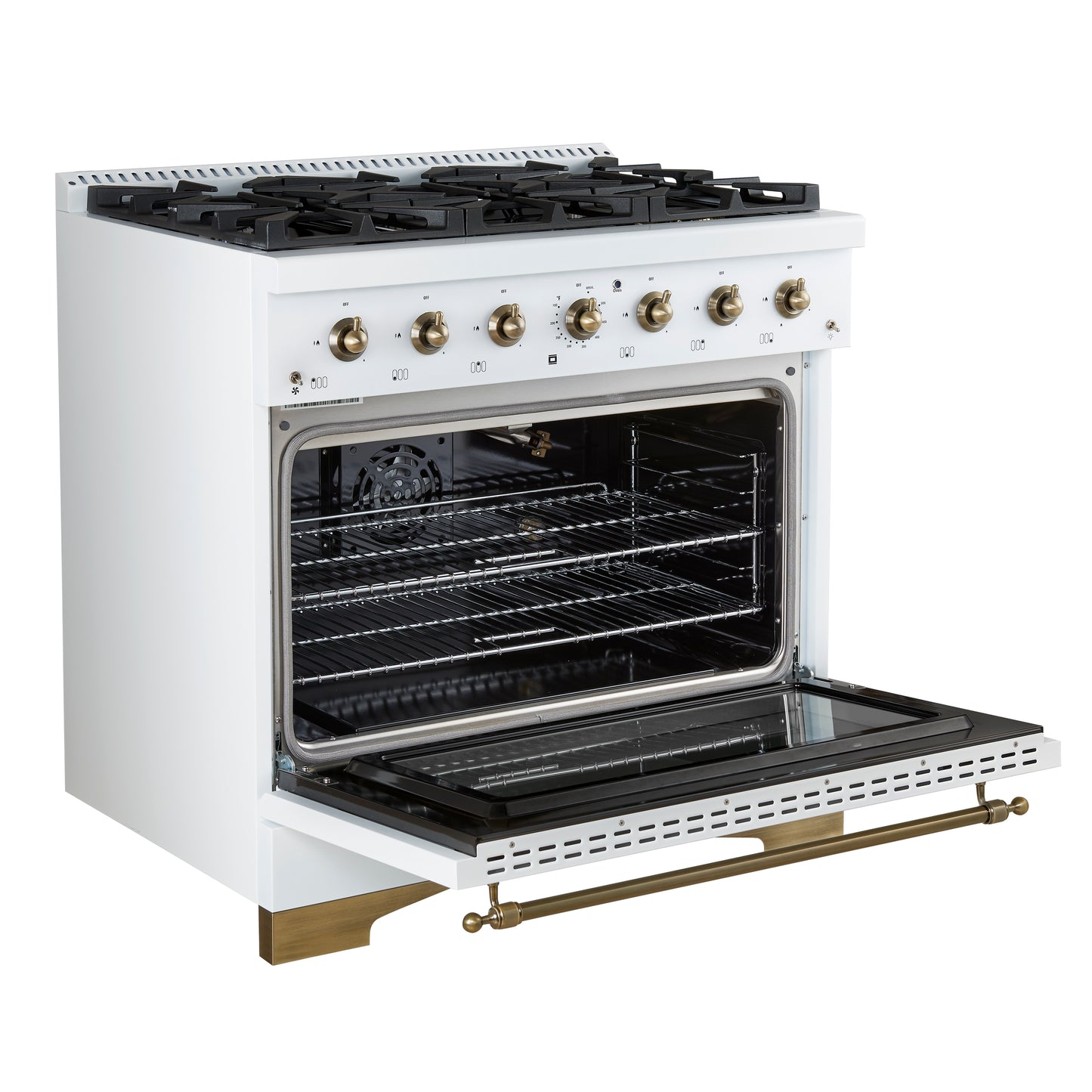 Forno Antico 36-Inch Freestanding Gas Range, White, Antique Brass Design, 6 Burners, Convection Oven, Energy Efficient
