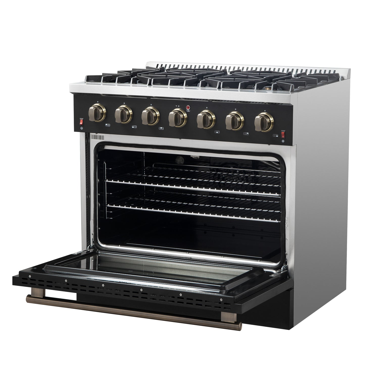 Forno Galiano 36-inch Freestanding Gas Range in Black with Antique Brass Design, 6 Burners, 83,000 BTU, 5.36 cu.ft. Convection Oven