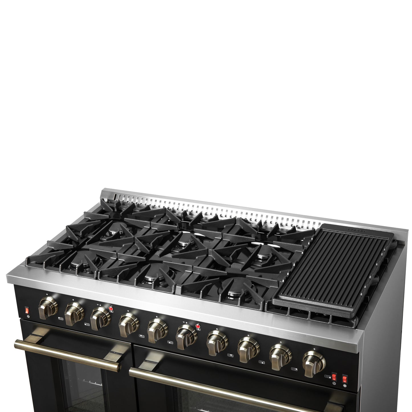 FORNO Galiano 48-inch Gas Range Black & Antique Brass Design, 8 Burners, 107,000 BTU, Griddle, 6.58 cu.ft. Double Ovens