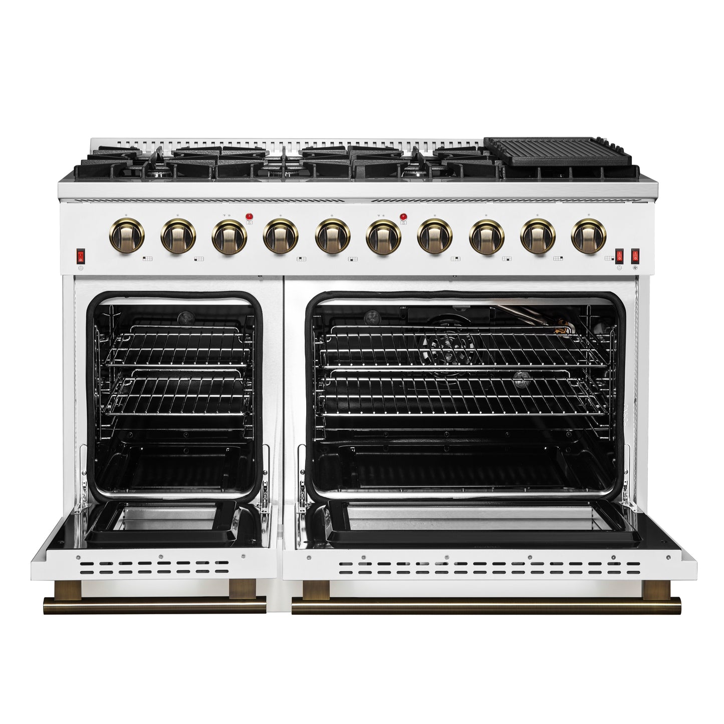 FORNO Galiano 48-inch Gas Range White & Antique Brass Design, 8 Burners, 107,000 BTU, Griddle, 6.58 cu.ft. Double Ovens