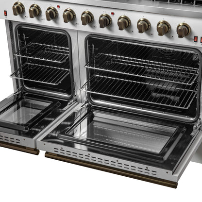 FORNO Galiano 48-inch Gas Range White & Antique Brass Design, 8 Burners, 107,000 BTU, Griddle, 6.58 cu.ft. Double Ovens