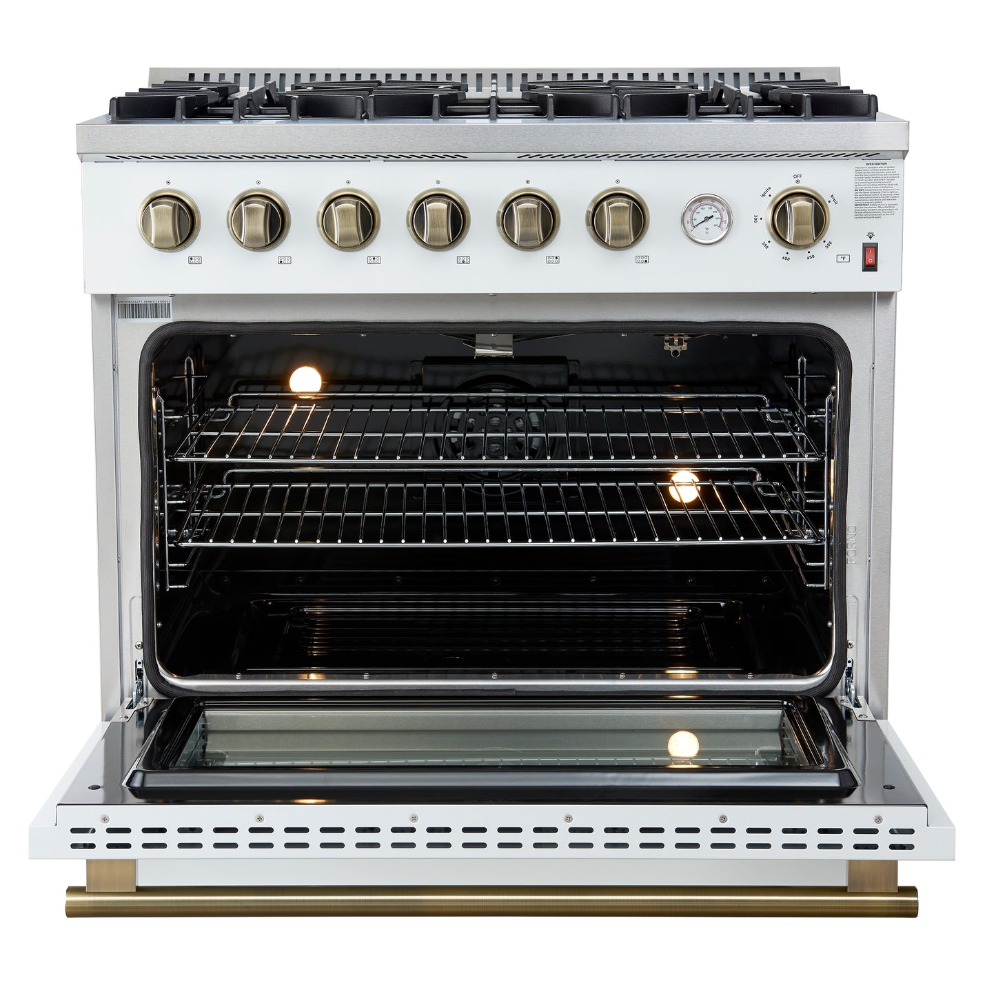 Marco 36-Inch Gas Range White & Antique Brass Design, 6 Burners 67,000 BTU, 5.36 cu.ft. Convection Oven