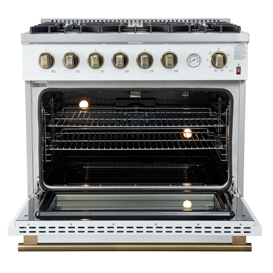 Marco 36-Inch Gas Range White & Antique Brass Design, 6 Burners 67,000 BTU, 5.36 cu.ft. Convection Oven