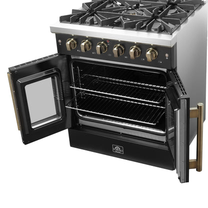 Forno Galiano 30-inch French Door Gas Range Black and Antique Brass Design, 5 Sealed Burners 68,000 BTU,  4.32 cu.ft. Convection Oven