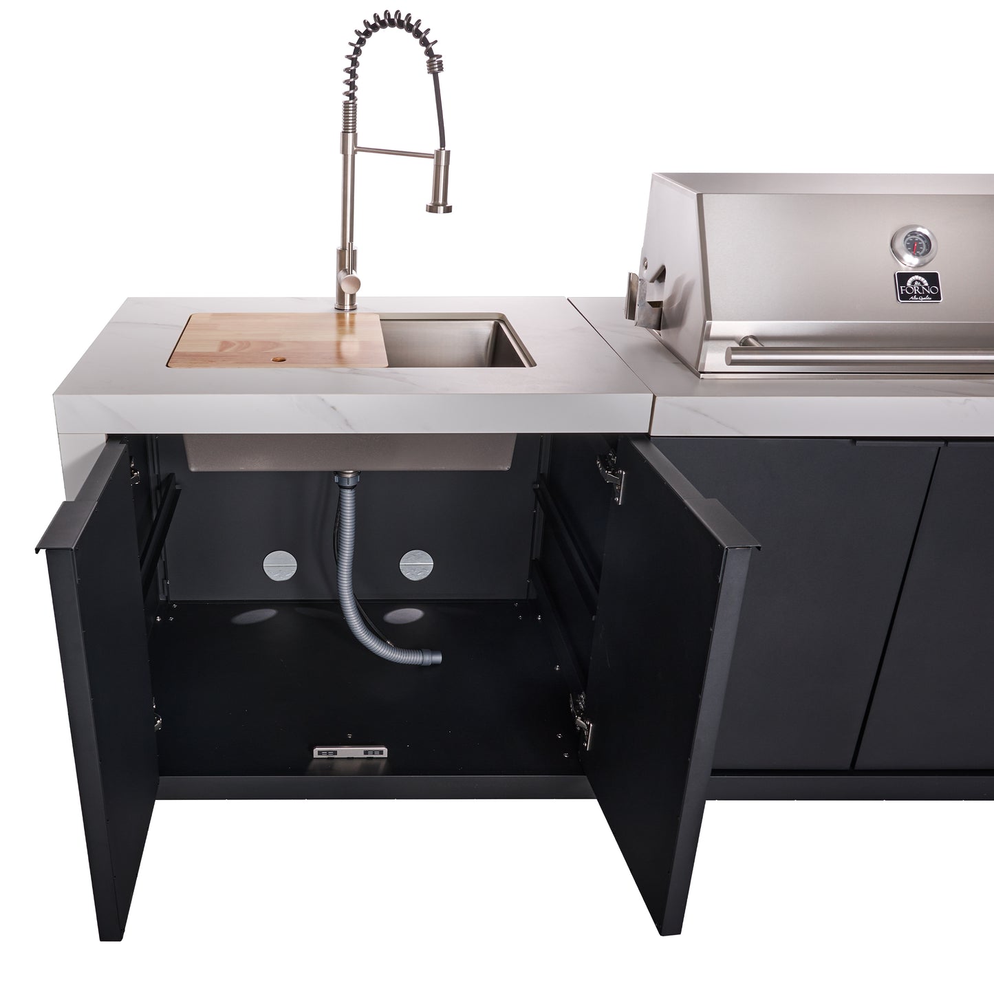 Forno Rimini Outdoor Kitchen: 30" BBQ 62,600 BTU, 4.8 cu.ft. Refrigerators, White Countertops