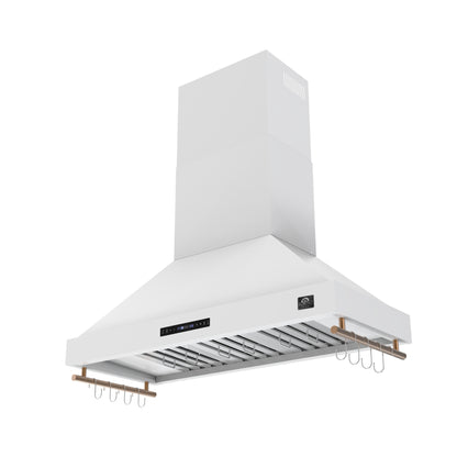 Forno Venezia 48 Inch Wall-Mounted Range Hood in White with Antique Brass Accessories, Touch Controls and Baffle Filters