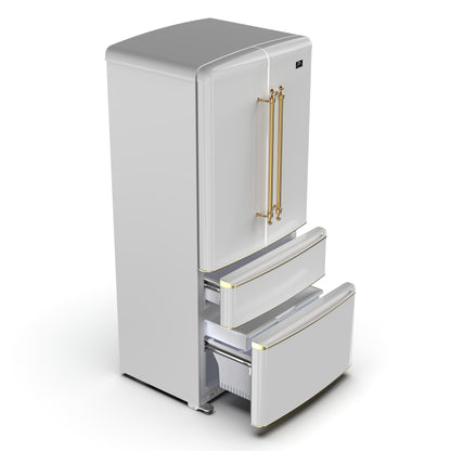 Forno Luigi 33-Inch French Door Refrigerator, 18 cu.ft, White Finish, Antique Brass Handles, ENERGY STAR Certified