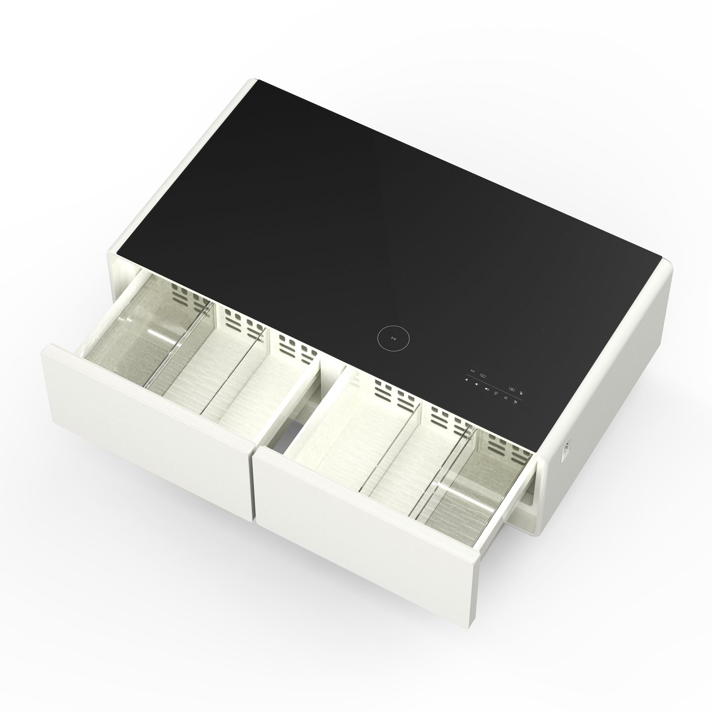 Forno Evoluto Tavolo 51-Inch White Smart Coffee Table – Dual Refrigerator Drawers, Bluetooth 5.0 Audio, Wireless Charging & RGB Ambient Light