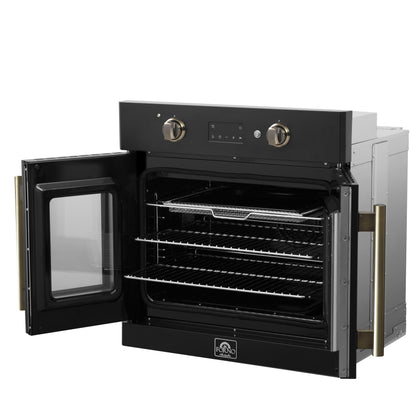 Forno Asti 30-Inch French Door Electric Wall Oven in Black & Antique Brass, 3.68 cu. ft. True Convection, 3,600W, Air Fry, Sous Vide, Self-Clean