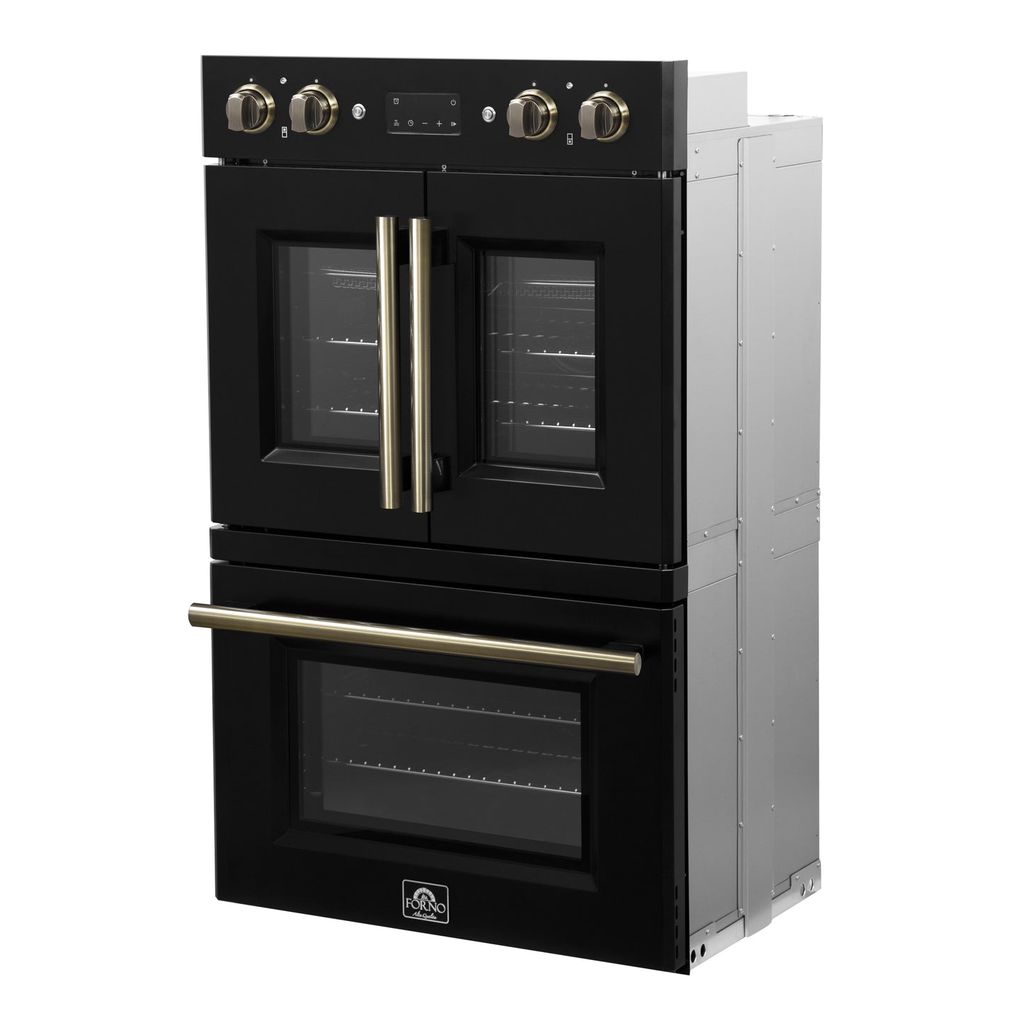 Forno Asti 30-Inch Double Electric Wall Oven with Upper French Doors in Black & Antique Brass, 7.36 cu. ft. Dual True Convection, 7,200W, Air Fry, Sous Vide, Self-Clean