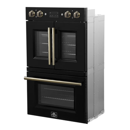 Forno Asti 30-Inch Double Electric Wall Oven with Upper French Doors in Black & Antique Brass, 7.36 cu. ft. Dual True Convection, 7,200W, Air Fry, Sous Vide, Self-Clean