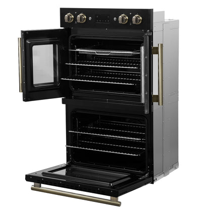 Forno Asti 30-Inch Double Electric Wall Oven with Upper French Doors in Black & Antique Brass, 7.36 cu. ft. Dual True Convection, 7,200W, Air Fry, Sous Vide, Self-Clean