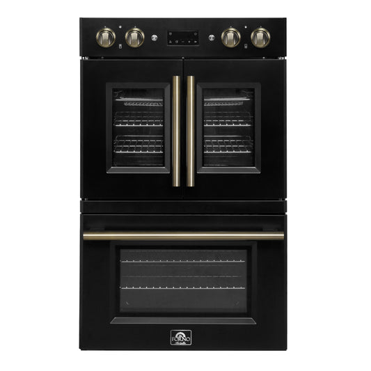Forno Asti 30-Inch Double Electric Wall Oven with Upper French Doors in Black & Antique Brass, 7.36 cu. ft. Dual True Convection, 7,200W, Air Fry, Sous Vide, Self-Clean