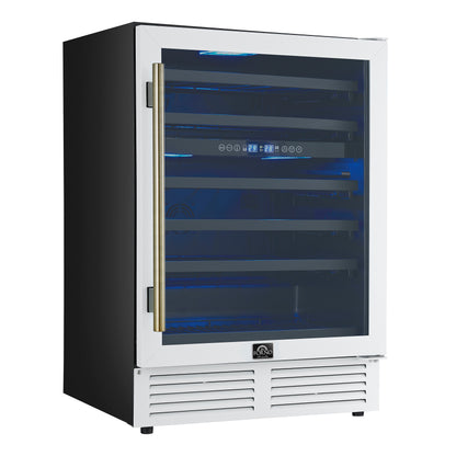 Forno Bacchino 24 Inch Wine Cooler, White with Antique Brass Handles, with LED Lighting, Triple Glass Door, 51 Bottle Capacity, Built-In or Freestanding
